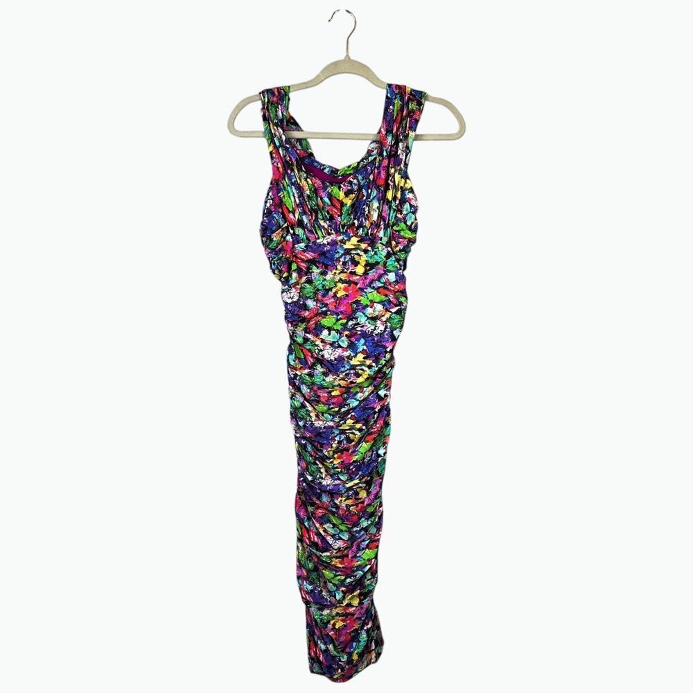 CHIARA BONI Ruched Mariposa Print Dress Sleeeveless Bodycon Size 44 US 8